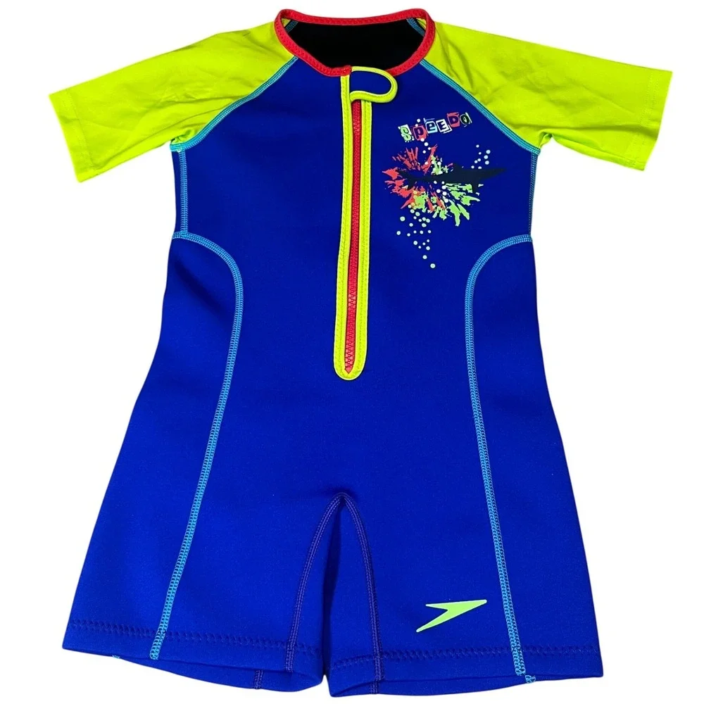 Speedo Kids Blue Neon Yellow Shark Thermal Wetsuit Swimsuit UV50 Size 6-6X